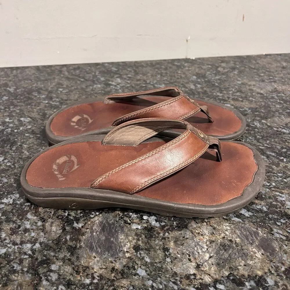 Men's Olukai Ohana Full-Grain Leather Flip-Flops Thong Sandals Size 8 EU 41